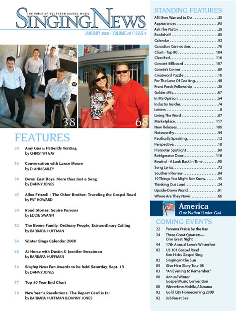 Singing news - january 2008 table of contents