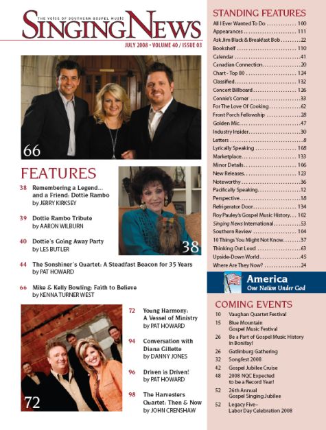 Singing news, july 2008 table of contents