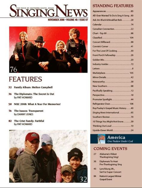 Singing News - November 2008 Table of Contents