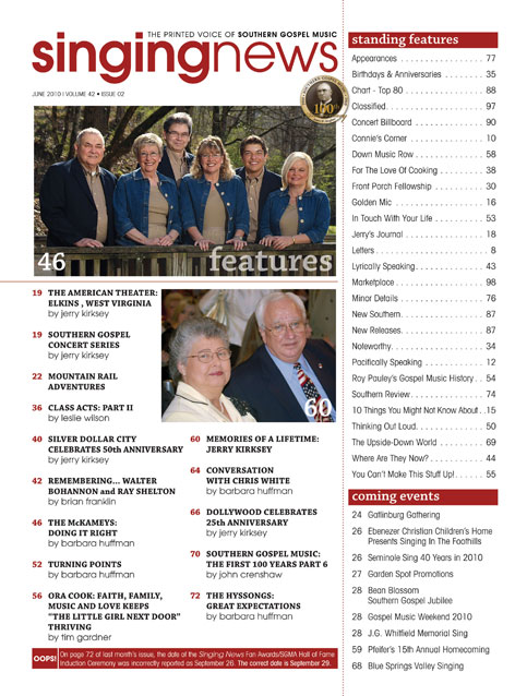 Singing News - June 2010 Table of Contents