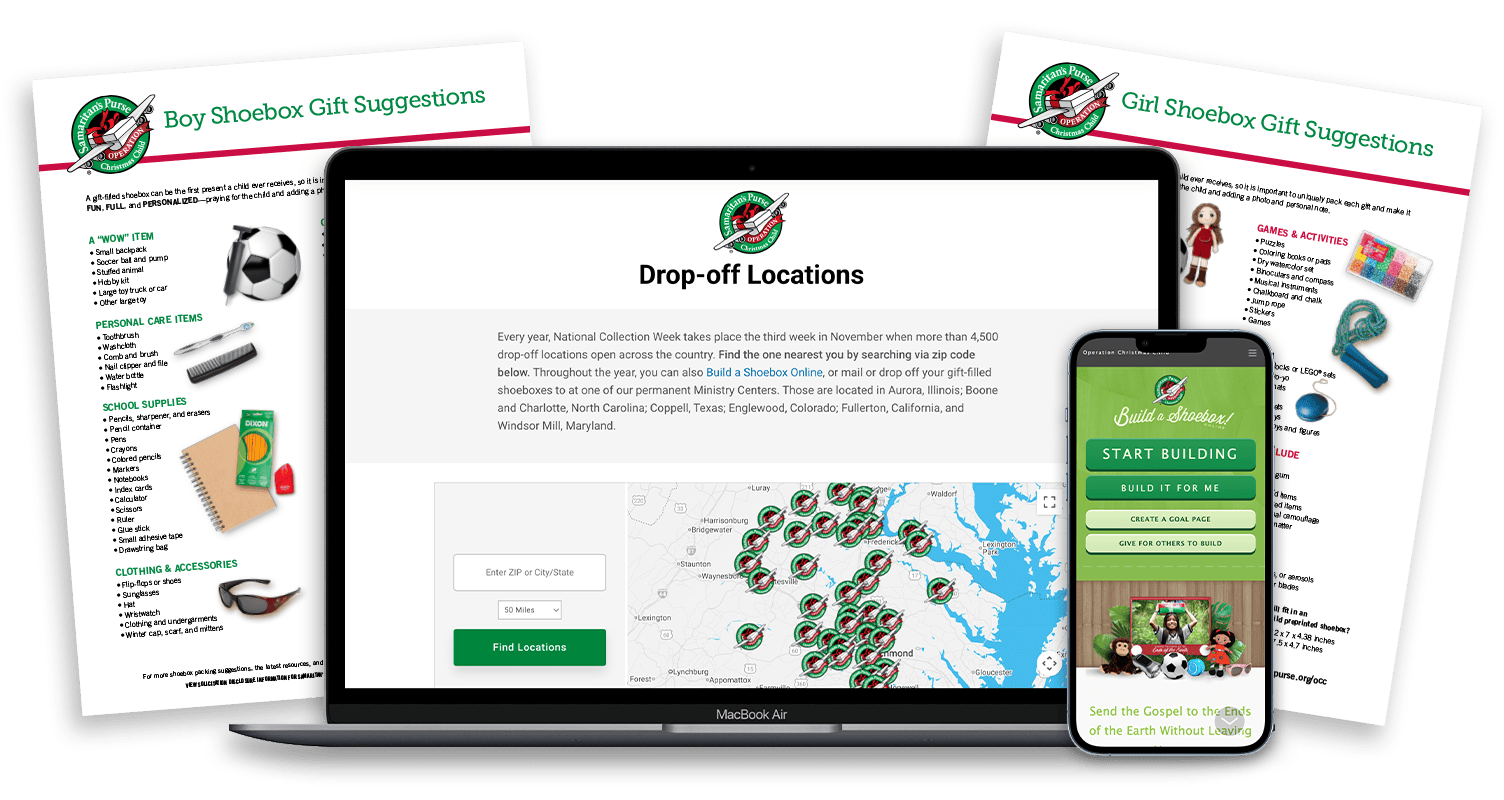 Laptop with Drop-off- Locations page open, a flyer for boy and girl shoebox gift suggestions, and a mobile device with Build a Shoebox Online website on screen
