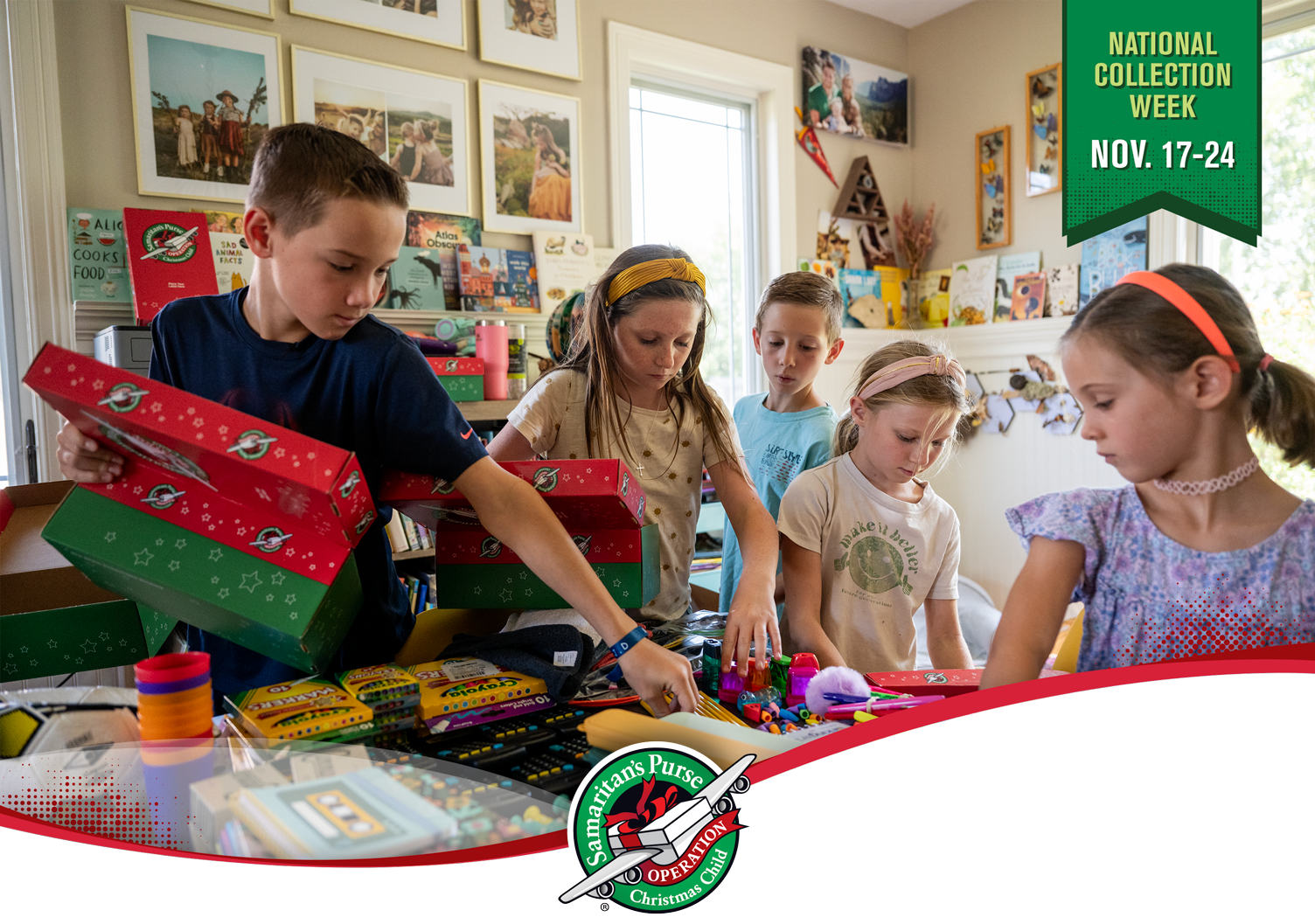 Group of children gathered around a table full of toys and art supplies filling shoeboxes with the materials. COPY: National Collection Week - November 17 through 24